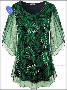 Floral Mesh 3/4 Sleeve Ruffle Blouse Loose Stretchy Tunic Top